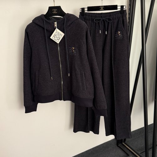 Loewe Sports Suit with Chest Logo Embroidery, Long Sleeve Hooded Jacket and Loose Pants