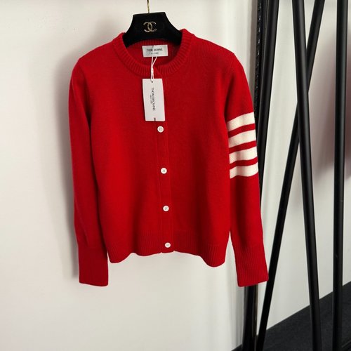Thom Browne New Back Dog Pattern Stripe Wool Knit Cardigan in Red