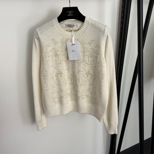 Dior New Shiny Embroidery Jacquard Wool Knit Sweater in Two Colors