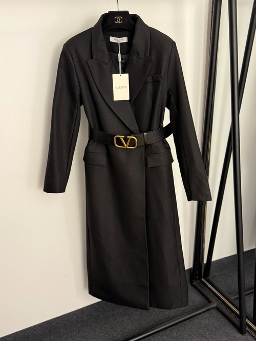 Valentino Fashionable Minimalist Mid-Length Belted Coat Dress in Black and Khaki