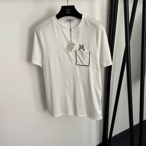 Loewe Cartoon Cat-Embroidered Pocket Cotton Short-Sleeved T-Shirt in Two Colors
