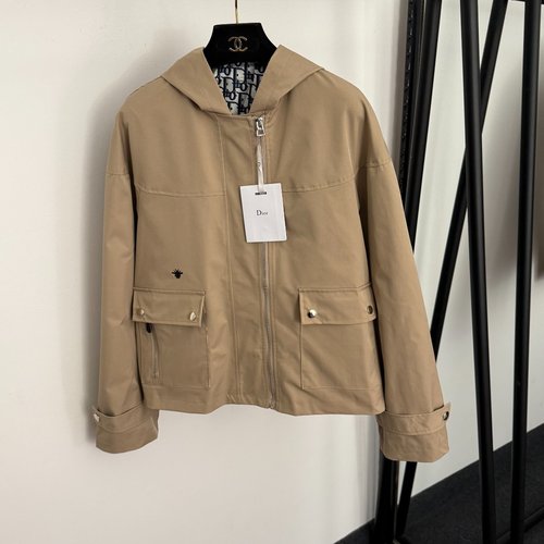 Dior Khaki and Black Hooded Workwear Windbreaker with Bee Embroidery and Floral Logo