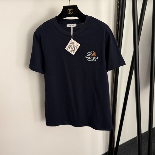 Loewe Navy Logo Eye Embroidery Cotton Short Sleeve T - Shirt