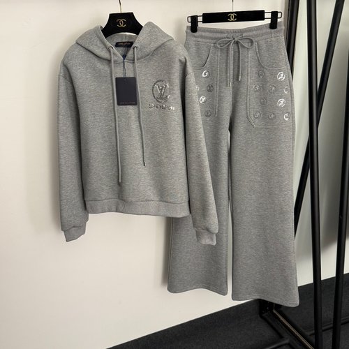 Louis Vuitton Sports Suit with Sequin Logo Hooded Sweatshirt and Loose Pants
