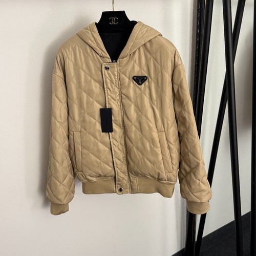 Prada Khaki Logo Triangle Mark Cotton Hooded Jacket
