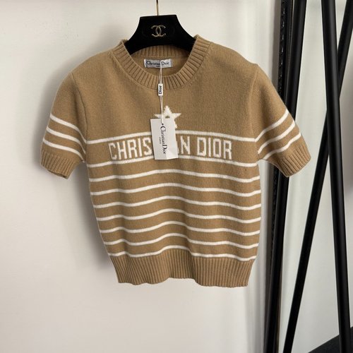 Dior Multi-Color Star Letter Striped Short Sleeve Knit Top
