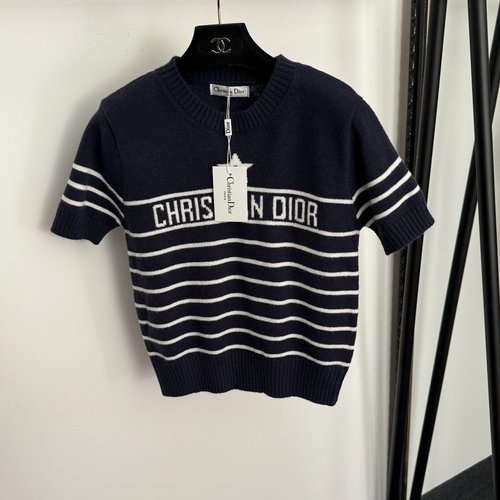 Dior Multi-Color Star Letter Striped Short Sleeve Knit Top