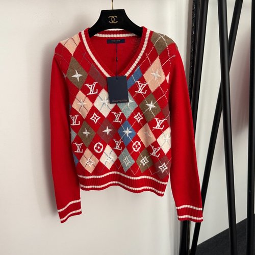 Louis Vuitton V-Neck Wool Knit Sweater with Logo Embroidery and Contrast Check