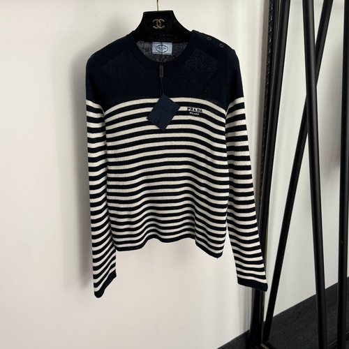 Prada Color Blocked Logo Embroidery Striped Long Sleeve Wool Top