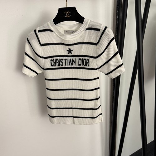 Dior White, Pink and Blue Five-Point Star Logo Striped Short Sleeve Top