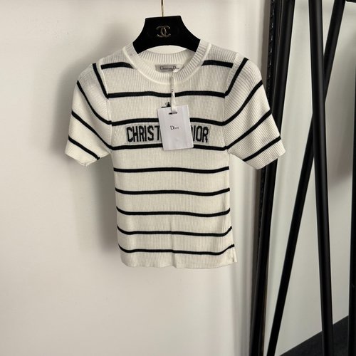 Dior White, Pink and Blue Five-Point Star Logo Striped Short Sleeve Top