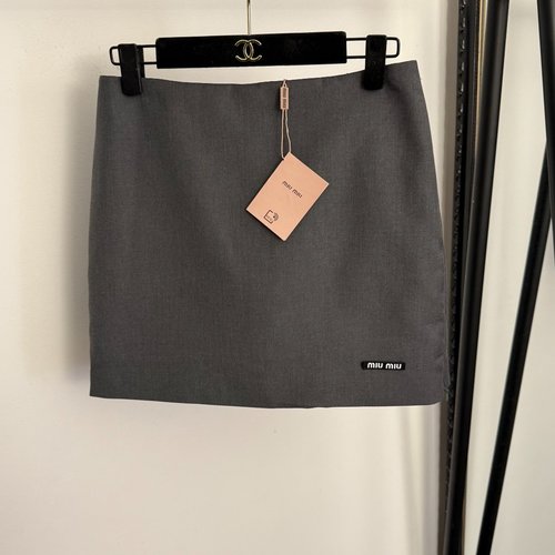 Miu Miu Leather-Logo Letter Short Woolen Skirt with Safety Lining