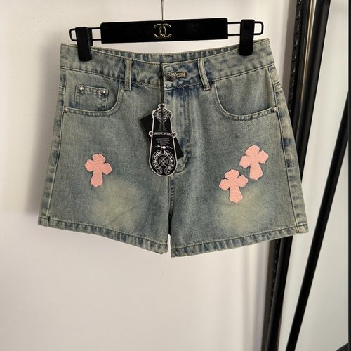 Chrome Hearts Light Blue Pink Embroidery Cross Washed Denim Shorts