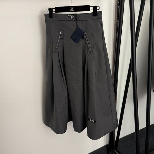 Prada Grey Logo Triangle Zipper Double-Pocket High-Waist Suit Skirt