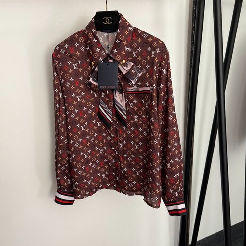 Louis Vuitton Coffee-colored Blouse with Colorful Vintage Logo and Bowknot