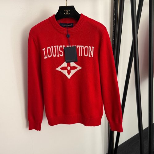 Louis Vuitton Red and Navy Front Logo Letter Wool Knit Pullover