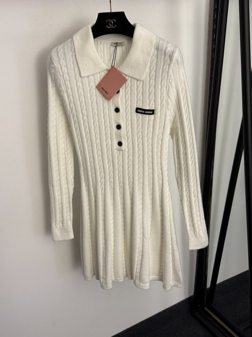 Miu Miu Collar Letter Half-Button Knit Dress with Twisted Stripes in White and Gray