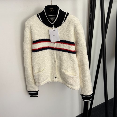 Dior Star Logo Letter-Print Long-Sleeve Lambs Wool Cardigan in Beige and Pink