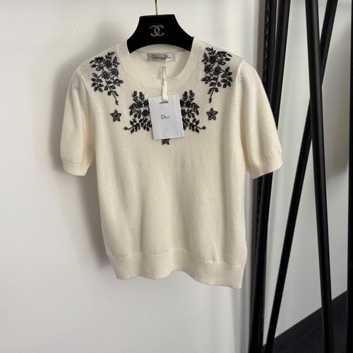 Dior Heavy Beaded Flower Short Sleeve Wool Knit Top in Ivory