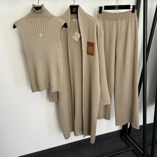 Loewe Taupe Knit 3-Piece Set: Long Cardigan w/ Logo Patch, Turtleneck Tank, Wide-Leg Pants