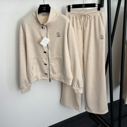 Loewe New Single-Breasted Stand Collar Zip Tracksuit (Jacket + Pants, Beige/Gray/Taupe)