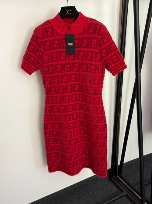 Fendi Red and Brown F Letter Jacquard Wrap Dress