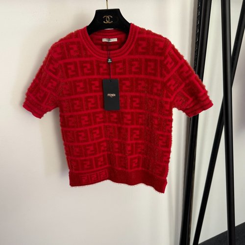 Fendi Red and Brown F Letter Jacquard Short-Sleeve Pullover