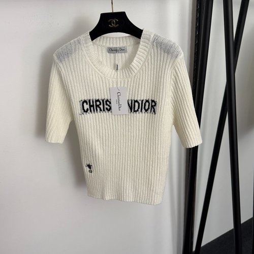 Dior CD Bee Embroidery Logo Letter Knit Top in White, Red and Black