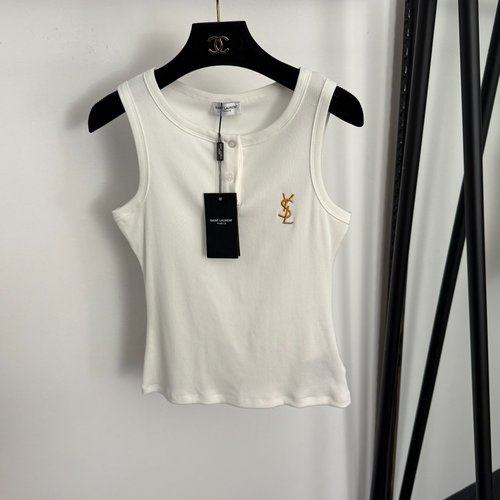 Yves Saint Laurent Logo Embroidery Round Neck Semi-Open Body-Hugging Vest