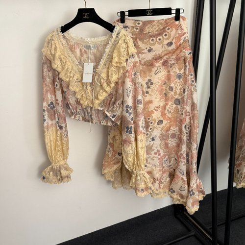 Zimmermann Apricot Floral Print Linen and Silk Set