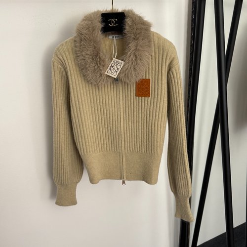 Loewe Logo Leather Patch Fur Collar Cardigan