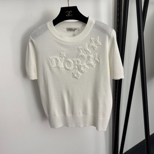 Dior Embroidered Short-Sleeve Knit Multi-Color Sequined Star Logo Top