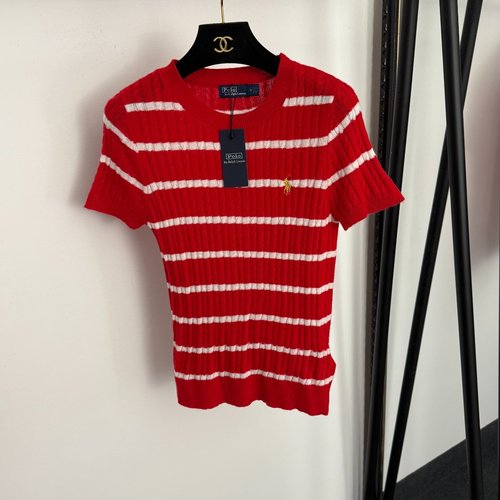 Polo Ralph Lauren Embroidered Twisted-Striped Red Polo Wool Short-Sleeve Knit