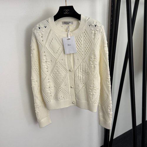 Dior Off-White Pearl-Button Hollow Long-Sleeve Cardigan