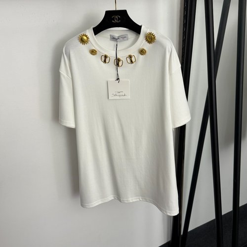 Schiaparelli Stylish Shaped Metal Button Casual Short-Sleeve T-Shirt in White, Brown, Black