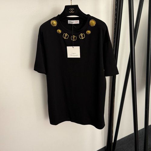 Schiaparelli Stylish Shaped Metal Button Casual Short-Sleeve T-Shirt in White, Brown, Black