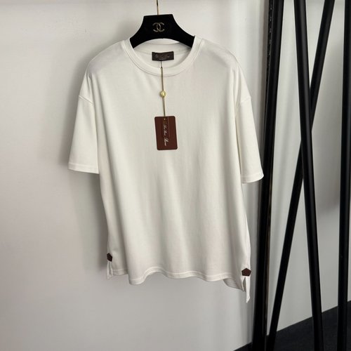 Loro Piana Refined Side Logo Leather Label Slit Casual Short-Sleeve T-Shirt in White, Brown, Black