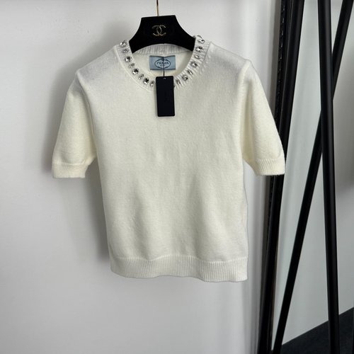 Prada Sophisticated Studded Round-Neck Short-Sleeve Knit Top in White, Red, Brown, Black, Navy