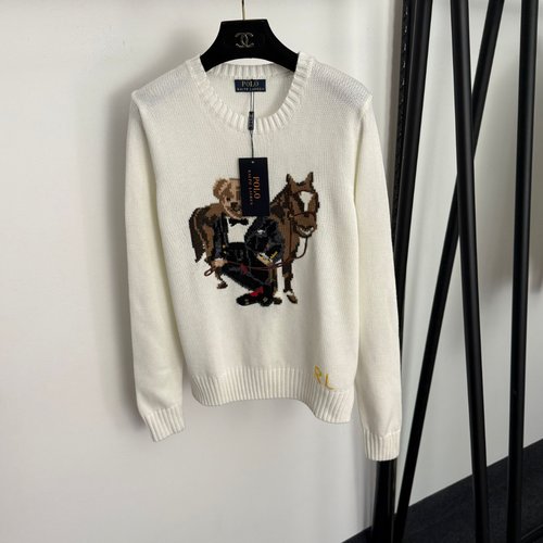 Polo Ralph Lauren Elegant Horse-holding Bear Embroidered Pullover Long-Sleeve Knitwear in White, Red, Black