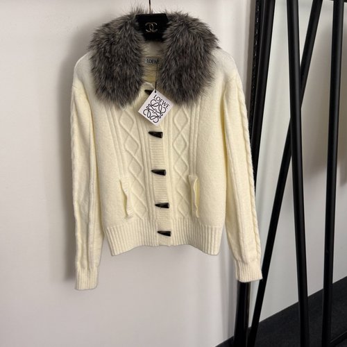Loewe New Beige, Red and Gray Knit Cardigan with Detachable Furry Collar