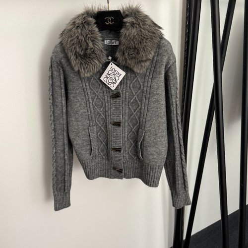 Loewe New Beige, Red and Grey Knit Cardigan with Detachable Fur Collar