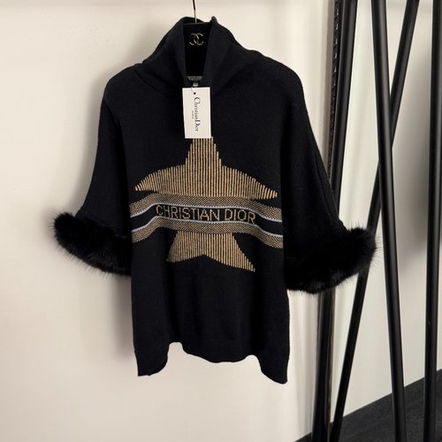 Dior New Multi-color Star Logo Furry Cuff High Neck Knit Pullover
