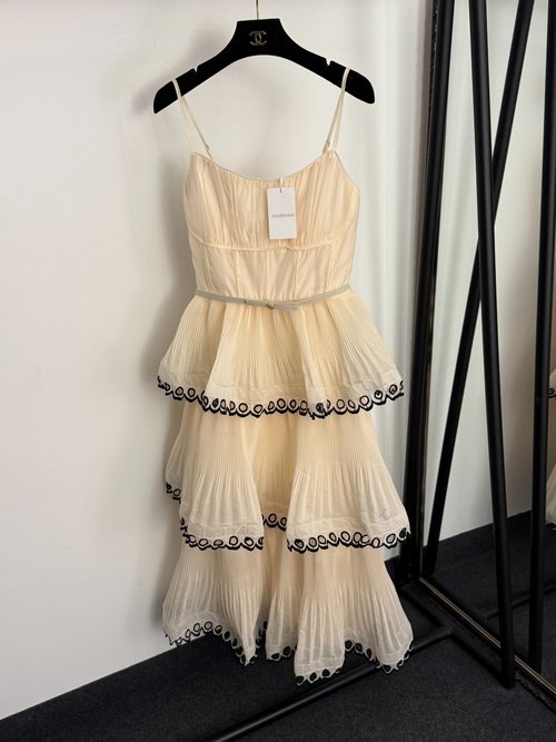 Zimmermann New Apricot and Black Hollow-out Ruffled Tiered Dress