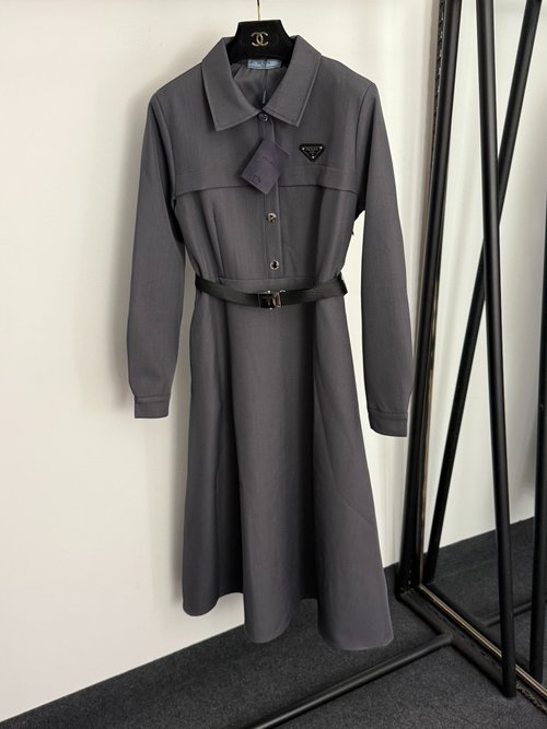 Prada Logo Triangle-Labeled Waist-Cinching Dress