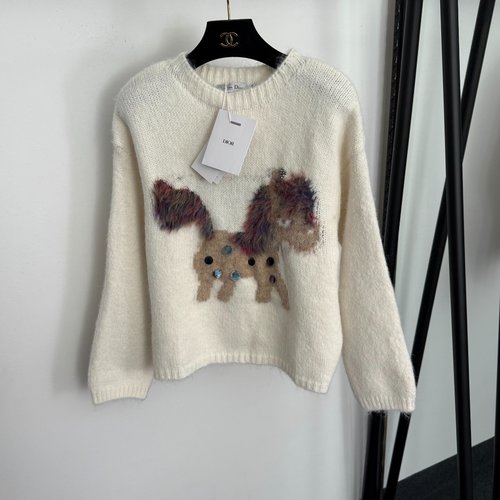 Dior New Beige and Red Sequin Pony Pattern Long-sleeve Knit Sweater
