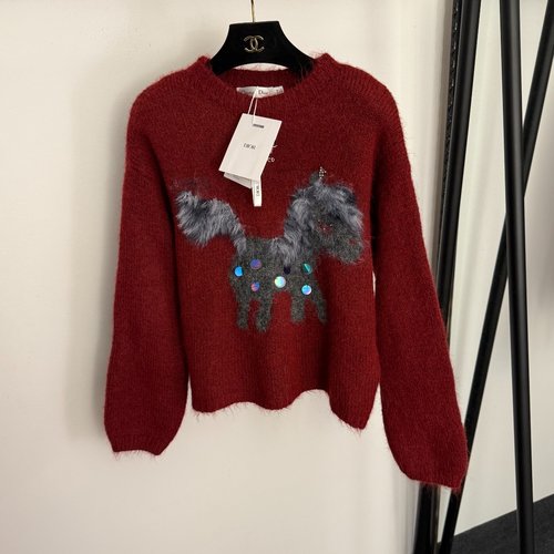 Dior New Beige and Red Sequin Pony Pattern Long-sleeve Knit Sweater