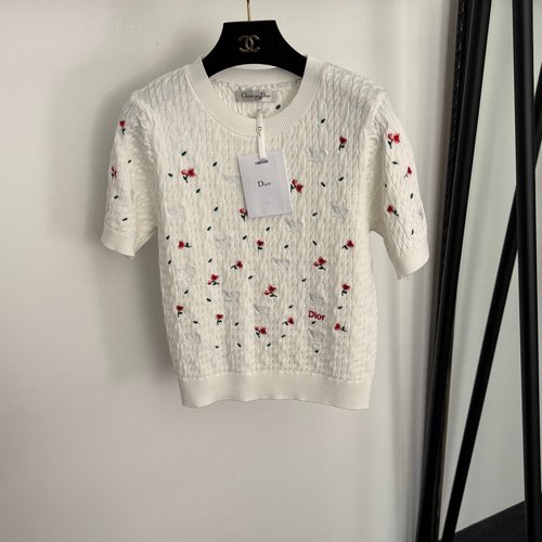 Dior Rose - Embroidered Flower Knit Short - Sleeve Top
