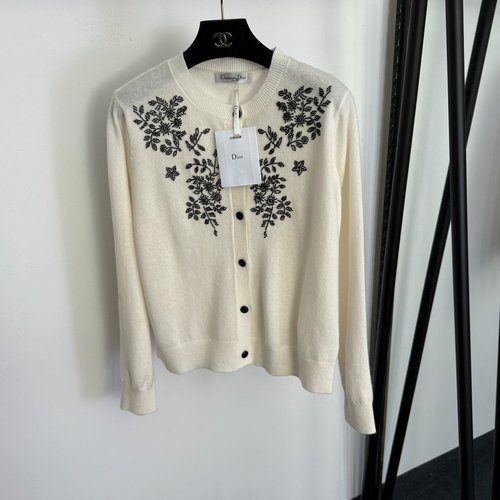 Dior Off-White Nail-Beaded Flower Wool Cardigan