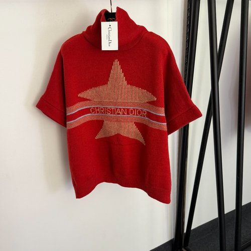 Dior Star Logo High-Collar Short-Sleeve Knit Top in Red