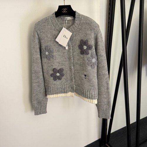 Dior Gray Three-Dimensional Flower-Embroidered Wool-Blend Cardigan